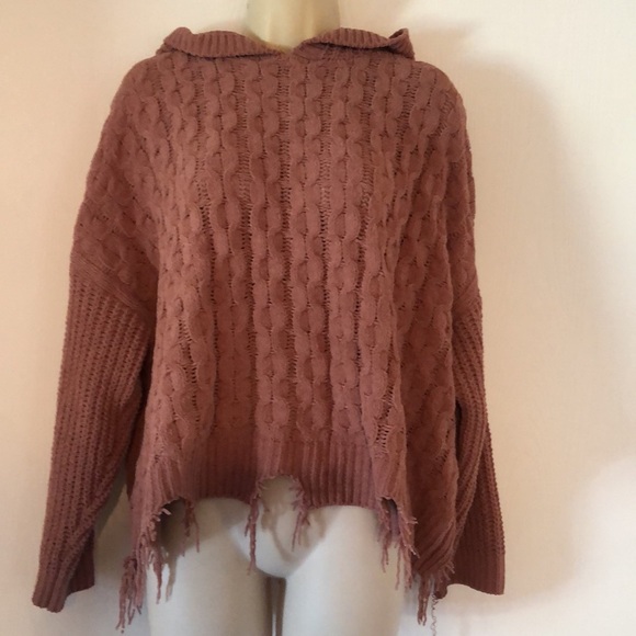 Woman’s Y2k BKE cable knit fall hooded mauve fringe distressed sweater - Picture 3 of 12